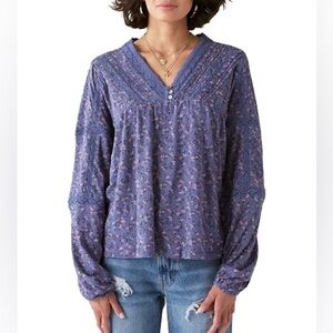 NWT Lucky Brand Floral Print Lace Inset Peasant Top Long Sleeve V Neck Sz XS